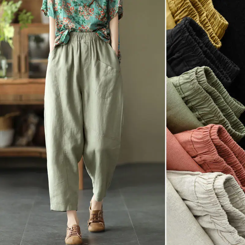 

2023 Spring And Autumn Chinese Style Nine-point Cropped Trousers For Women Casual Black Radish Pants Retro Ethnic Wide-leg Pants
