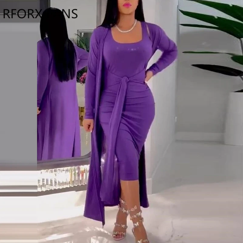 

Women Chic Casual Cardigan Lace Up Tank Dress Inside Long Sleeves Rib-knit Bodycon Midi Dress Sets
