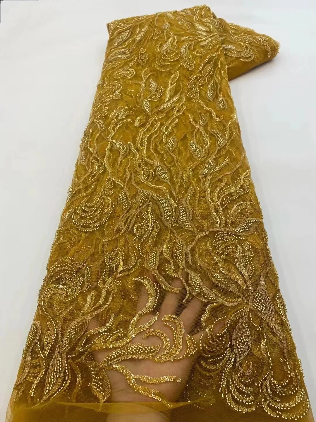 

Gold New African Lace Fabric Heavy Bead Tulle Lace Nigerian Embroidery 2023 High Quality French Lace for Wedding Dress