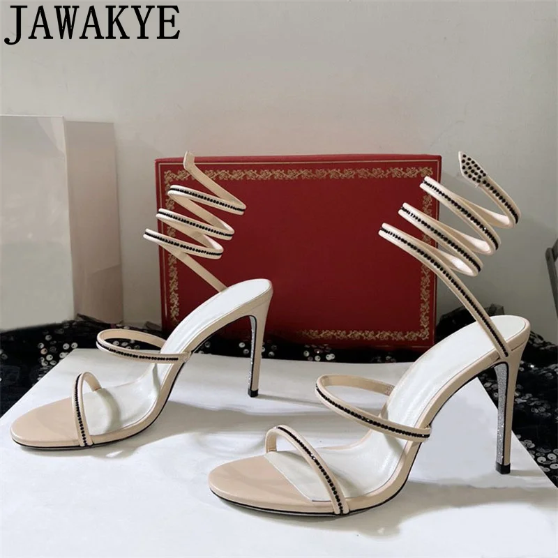 

Summer Hot Sale Luxury Crystal Wedding Shoes Women Coiled Ankle Strap Sexy Gladiator Sandals Strappy Thic High Heel Sandals
