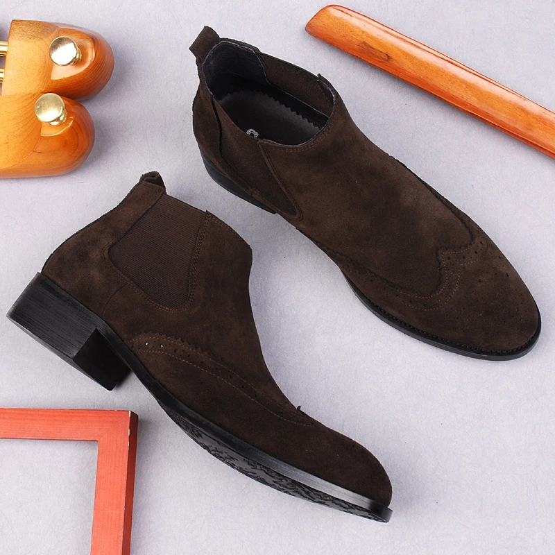

High Qualiti Mens Genuine Leather Chelsea Ankle Boots Black Brown Formal Shoes Slip On Luxury Man Dress Suede Boots