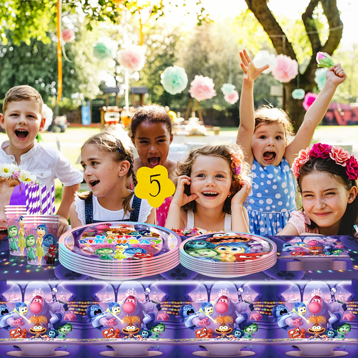 Disney Inside Out 2 birthday party decoration set Inside Out Happy Birthday Backdrop Paper Plates Napkins Cups Balloons Supplies