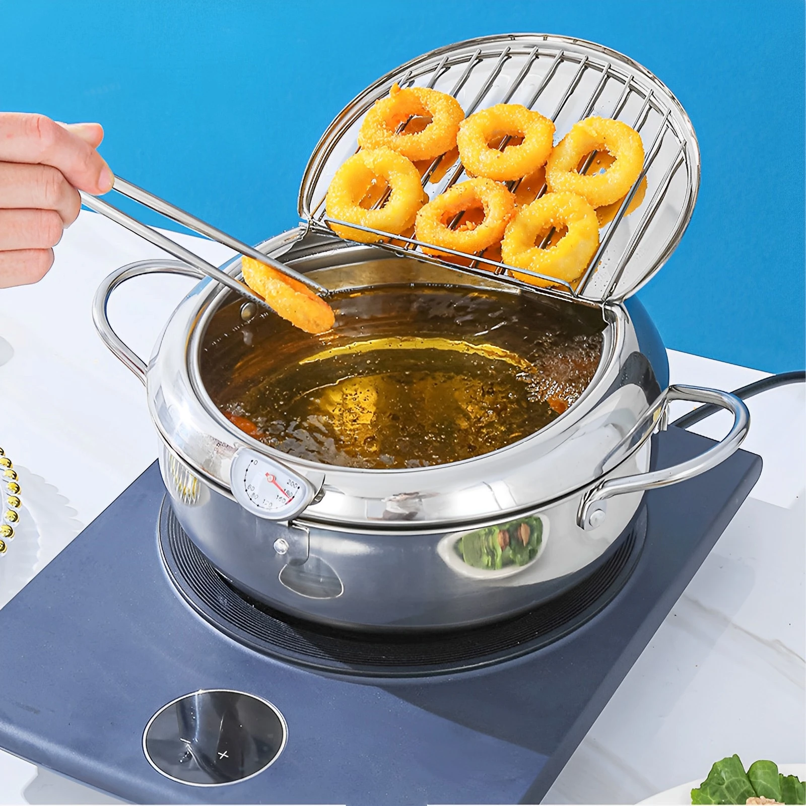 Deep Fryer Pot Strainer Basket Thermometer Stainless Steel Deep Frying Pot Handle 3 Sizes Oil Mini Fryer