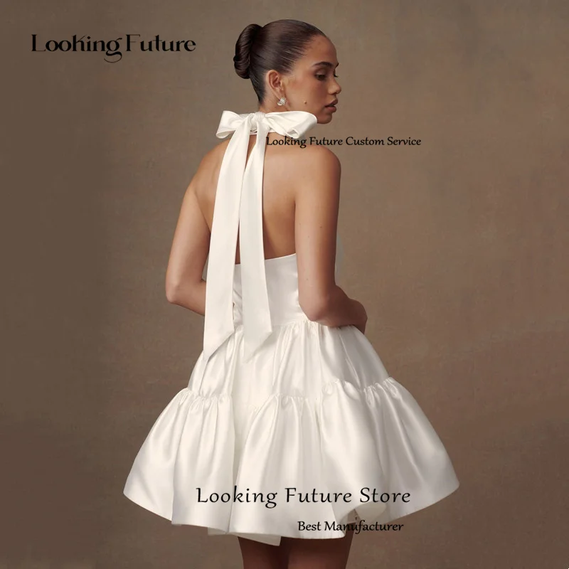 Simple Ivory Satin Mini Wedding Dress Sleeveless Pleat Halter Ball Gown Sexy Backless with Lace Up Short Bride Dress Customized 12 S0aabaa5d8e874ffd8578470e47a9d440b