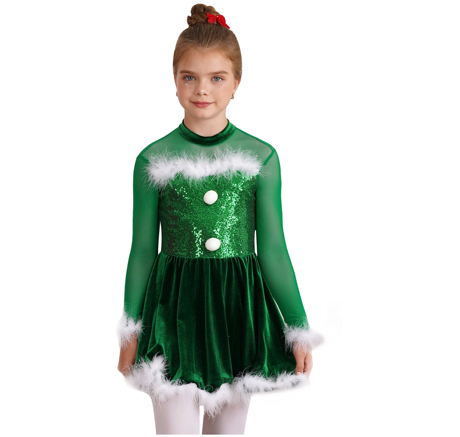 

Christmas Kids Girls Shiny Sequin Dance Dresses Long Sleeve Fluffy Feather Keyhole Back Jumpsuit Dress Stage Performance Costume