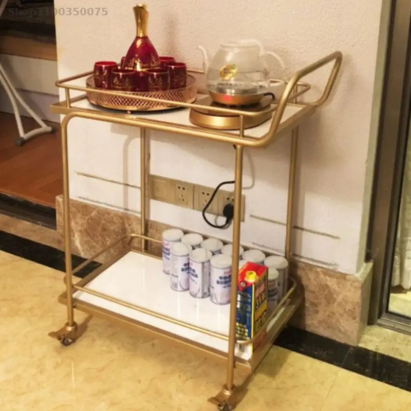 European-style golden hotel bar trolley restaurant mobile hand push dining car creative meal side fruit cart commercial