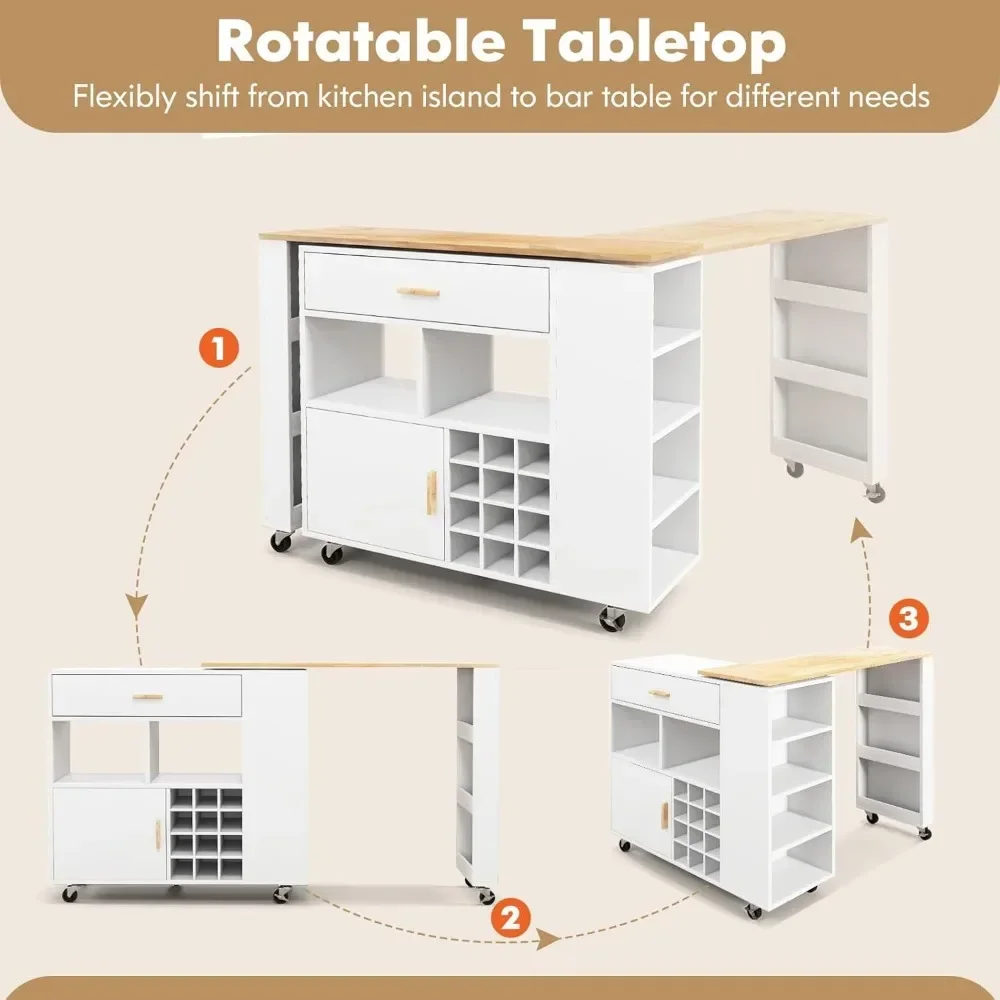high-qualityMobile Kitchen Island Cart, 4-in-1 Reversible Serving Cart Bar Table Combo, Storage Cart on Wheels w/Rubber Wood Top