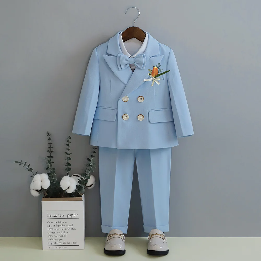 Child Fomal Dress Suit Set British Style Baby Boys Wedding Birthday Party Performance Costume Kids Blazer Pants Bowtie Clothes boys suits