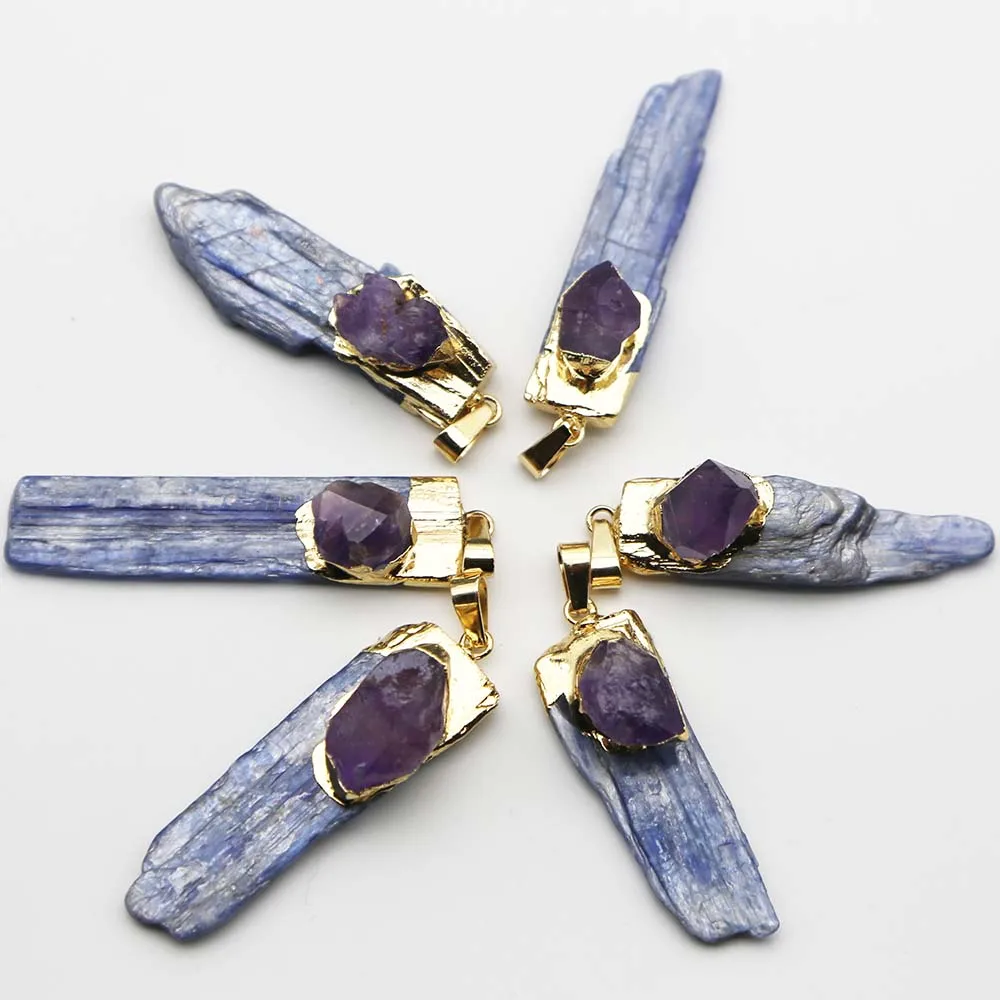 Natural Stone Blue Crystal Strip Amethyst Pendant Necklace Raw Ore Cure Fashion Charms Jewelry Making Accessories Wholesale 8Pcs