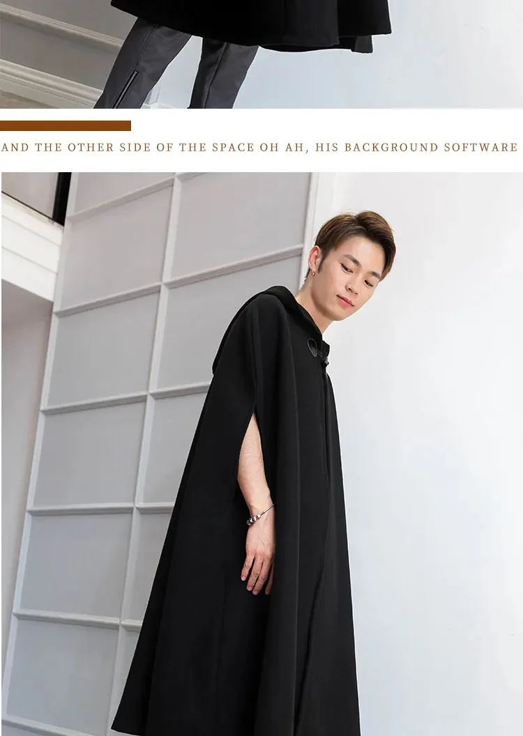 Description Picture 6 of itemHooded cloak coat long paragraph over the knee Japan and South Korea fashion retro sleeveless autumn winter tide male wizard