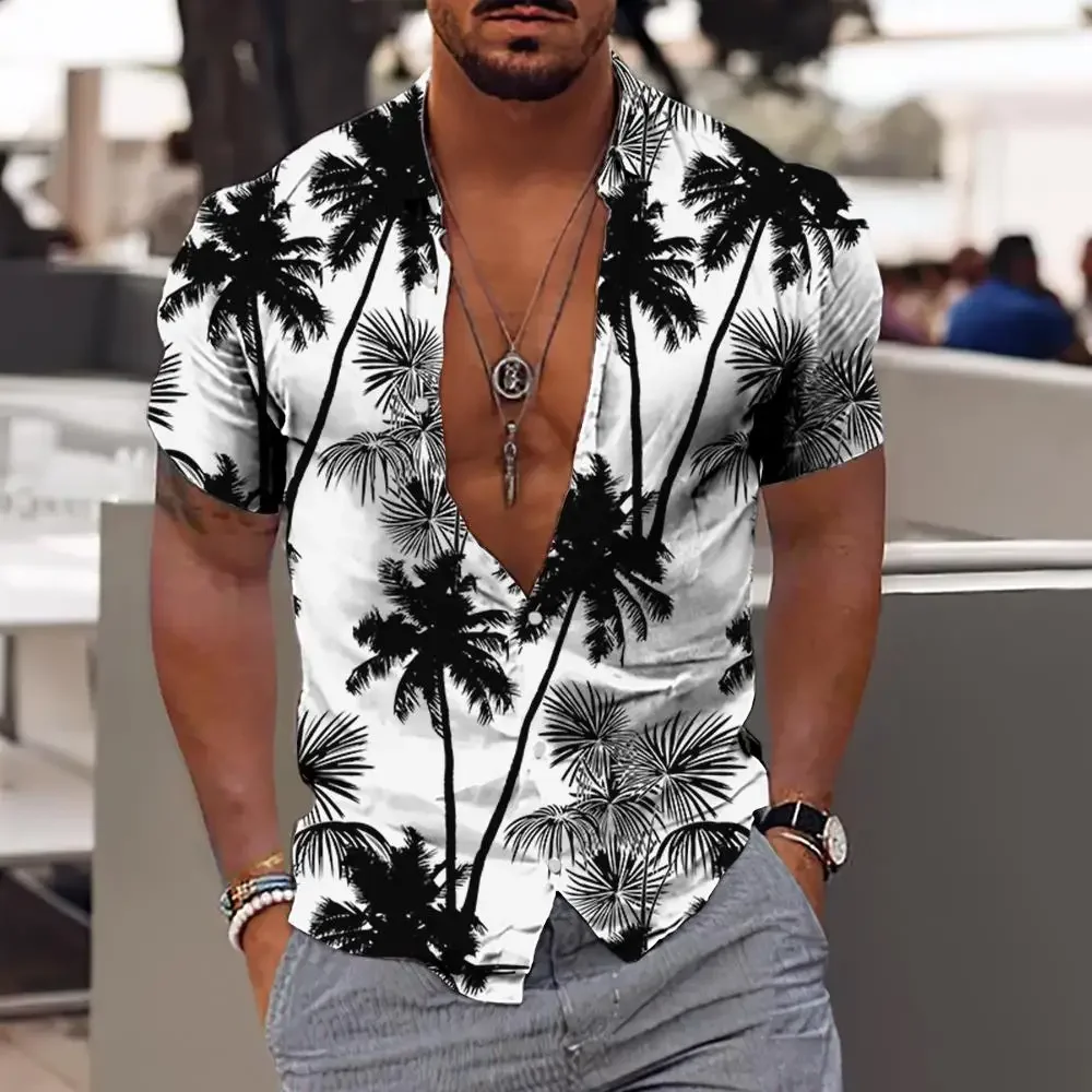 

Hawaiian Shirt For Men Coconut Tree Print Aloha Shirt Collar Button Short Sleeve Male Clothes Beach Casual Vacation Blouse Tops