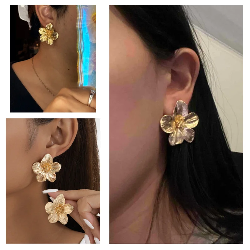 Exaggerated Gold Color Metal Flower Stud Earrings For Women French Style Retro Design Statement Earring Daily Wear Jewelry Gifts