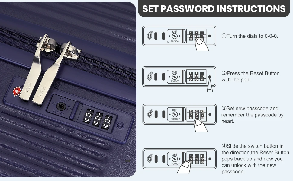 Luggage lock with 3-digit combination. Instructions for setting password shown in 4 steps with diagrams.