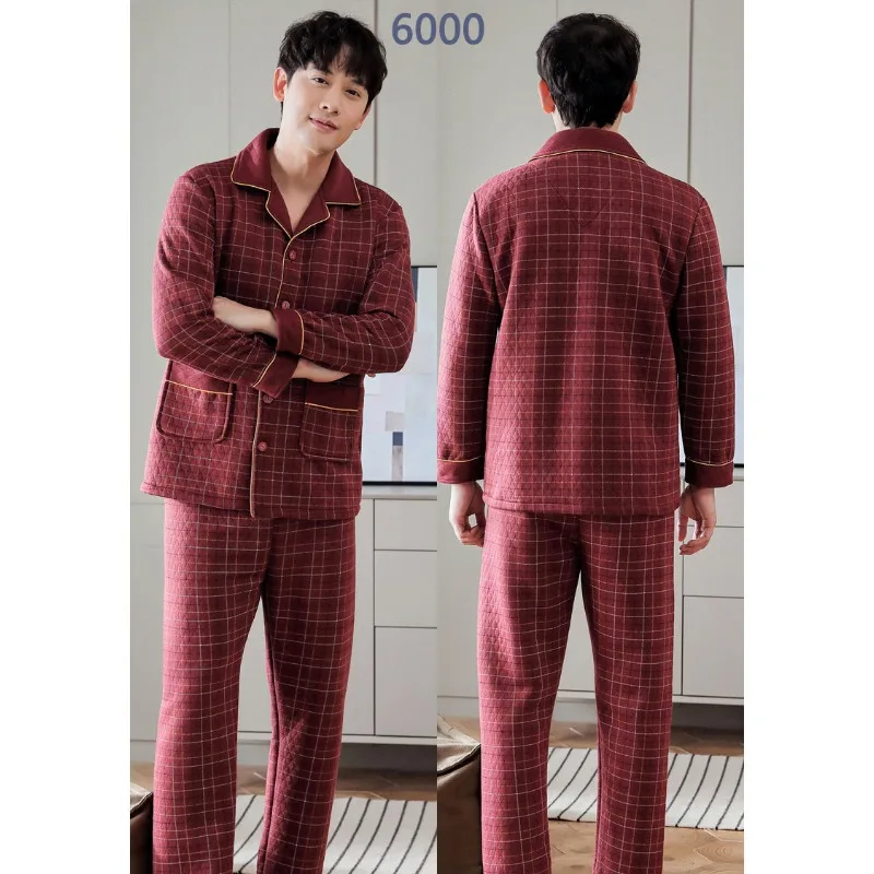 2024 New Autumn Winter Pure Cotton Pajamas Men's Thickened Interlayer Cotton Warm Sleepwear Set V-neck Loose Large Size Homewear