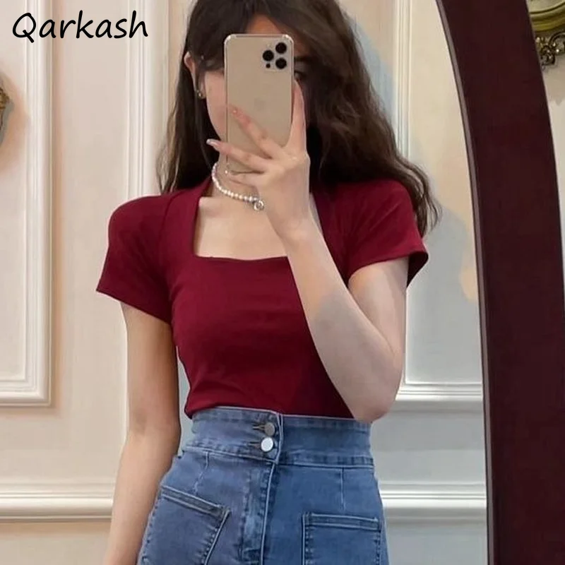 

Short Sleeve T-shirts Women Slim Sexy for Ladies Solid Tender Vintage Korean Style Trendy Casual Summer Clothing Design Tops New
