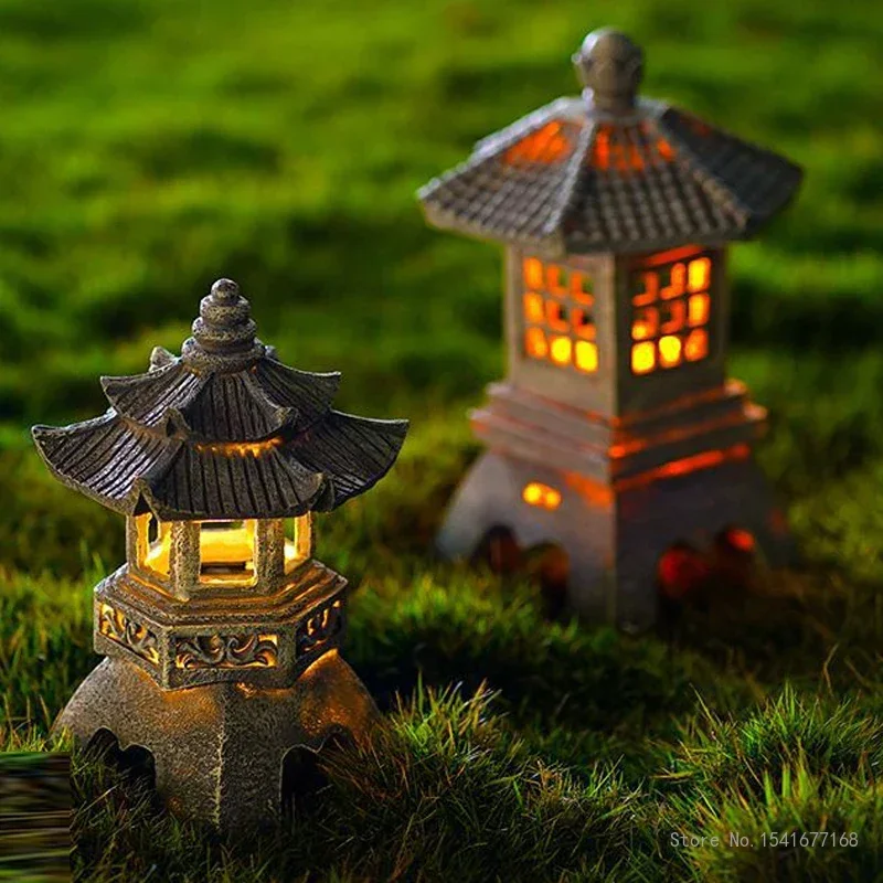 Chinese Creative Charging Solar Lantern, Resin Imitation Stone Pagoda, Interior Landscape, Night Lantern, Home Decor, 34 cm, 1Pc