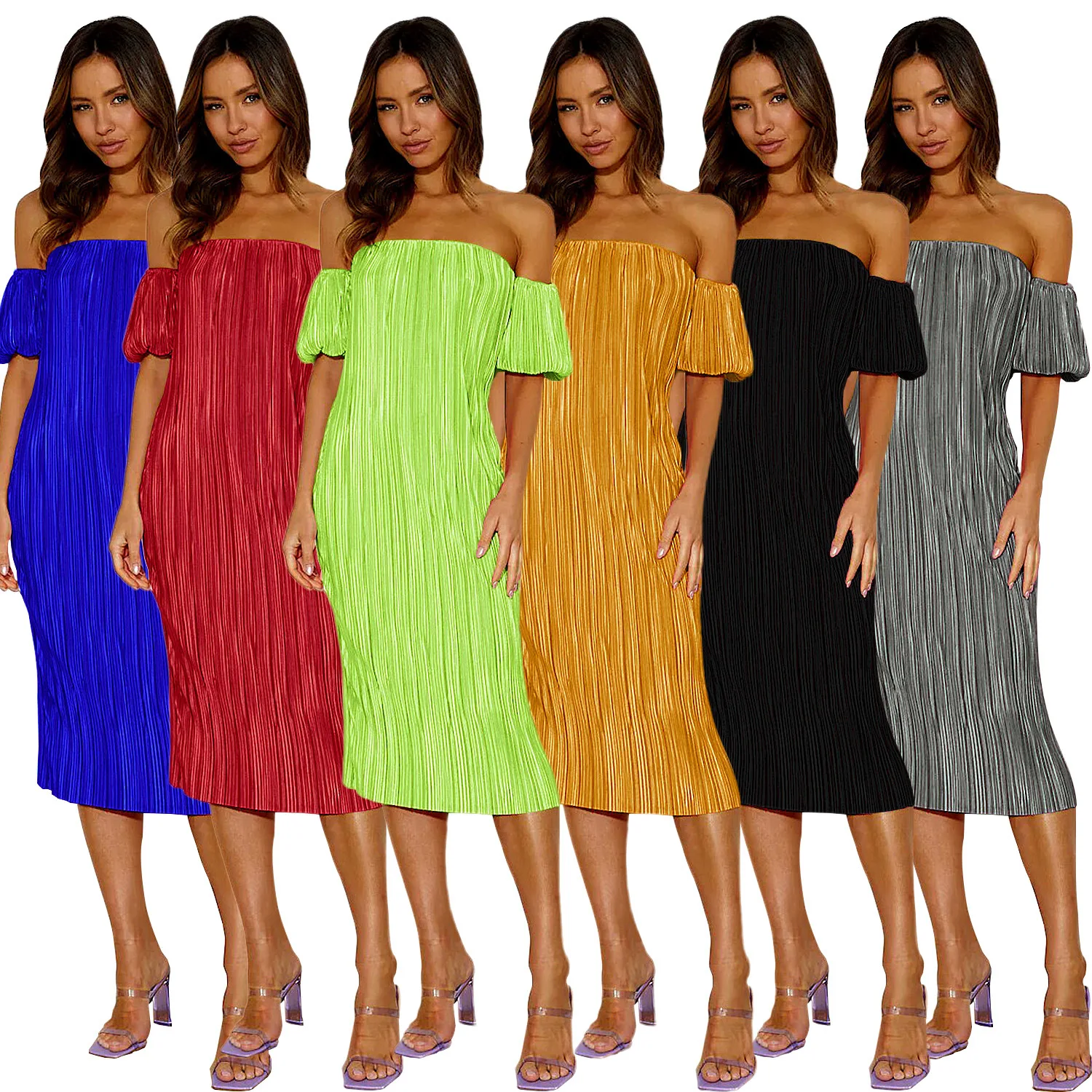 

Elegant Strapless Women Dress Off the Shoulder Short Sleeves Pleats Sexy Ladies Sheath Dress for Party Streetwear Autumn