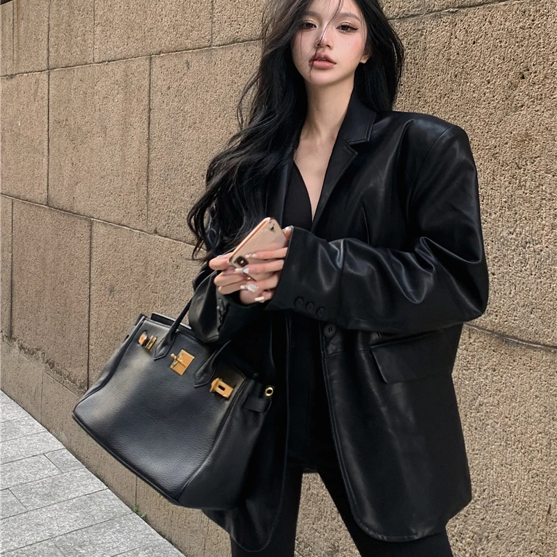 Женские блейзеры из искусственной кожи, куртки, винтажные Классические однотонные свободные пальто с лацканами, женская верхняя одежда, зимние кожаные костюмы с длинным рукавом