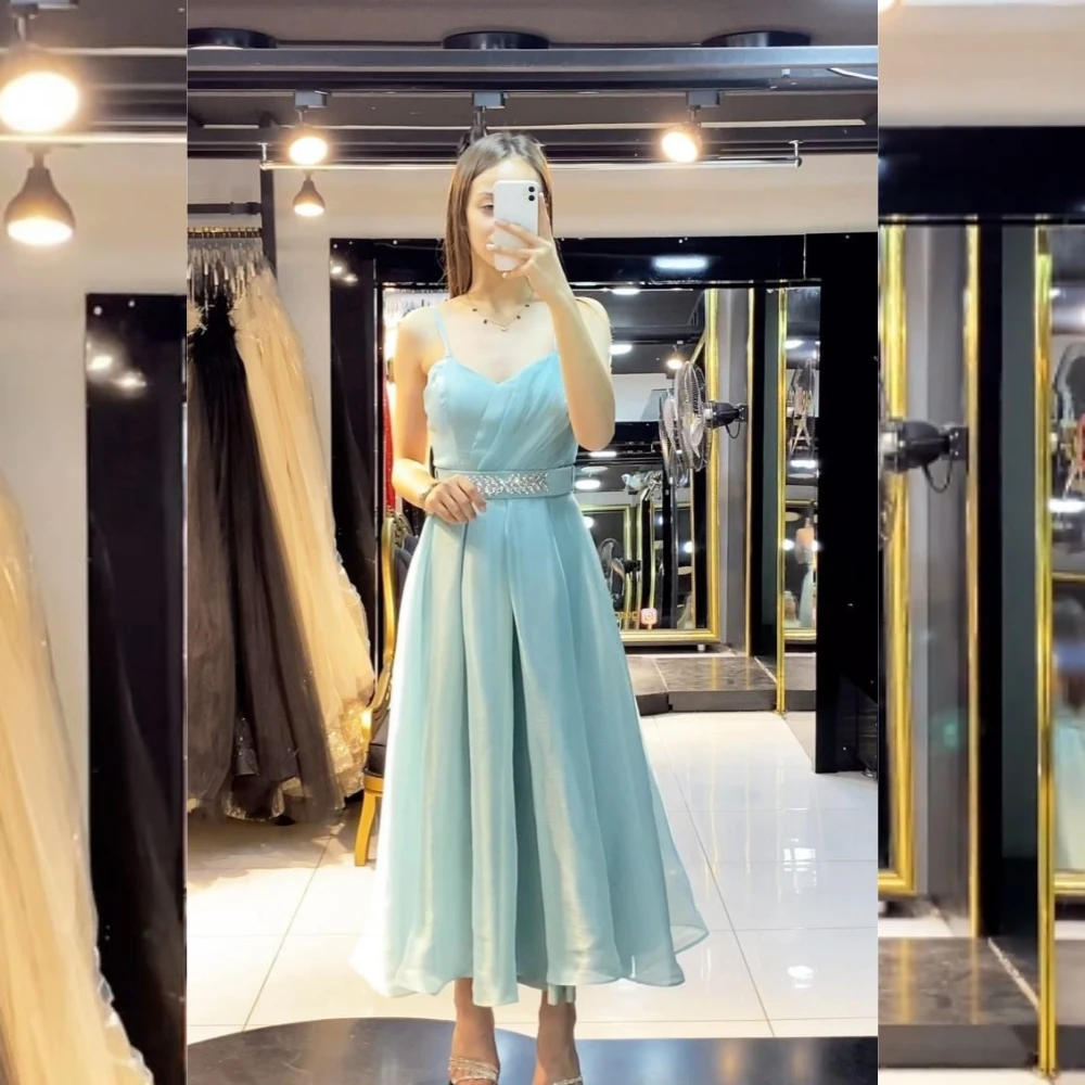 Jiayigong Sparkle  Prom Charmeuse Rhinestone  A-line Spaghetti Strap Bespoke Occasion Gown Midi Dresses
