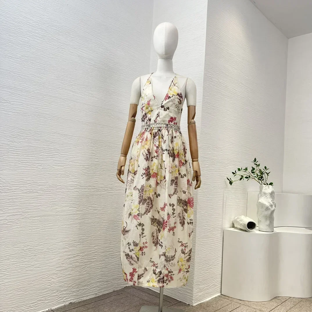 

Женское винтажное платье средней длины, шелковое и льняное платье с цветочным принтом, без рукавов, с перекрестными лямками и разрезом сзади, 2023