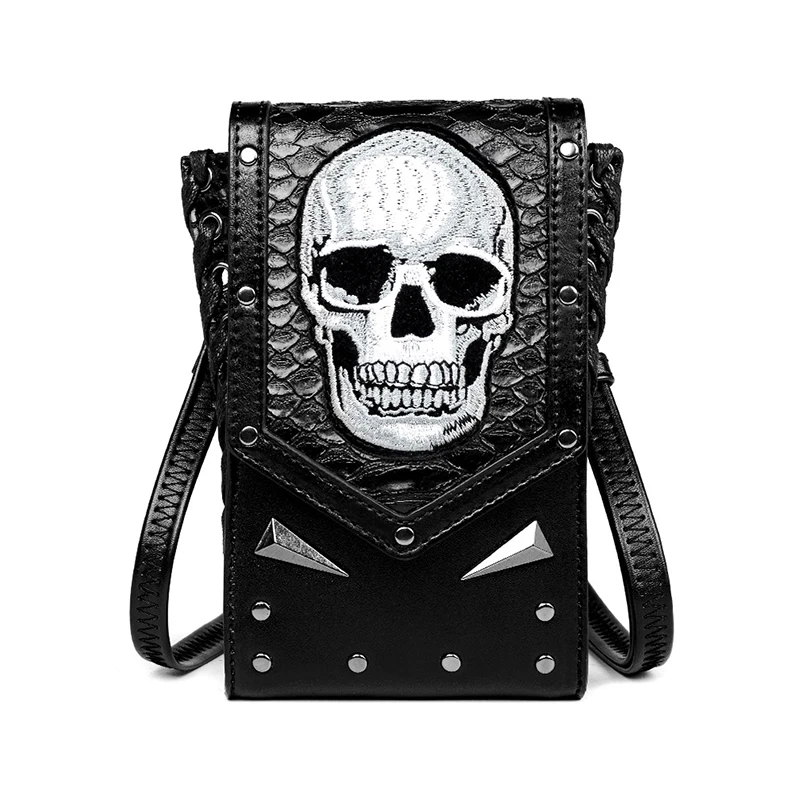 

Mini Gothic Crossbody Phone Bag Skull & Studded Decor Flap Purse Steampunk Sports Belt Bag