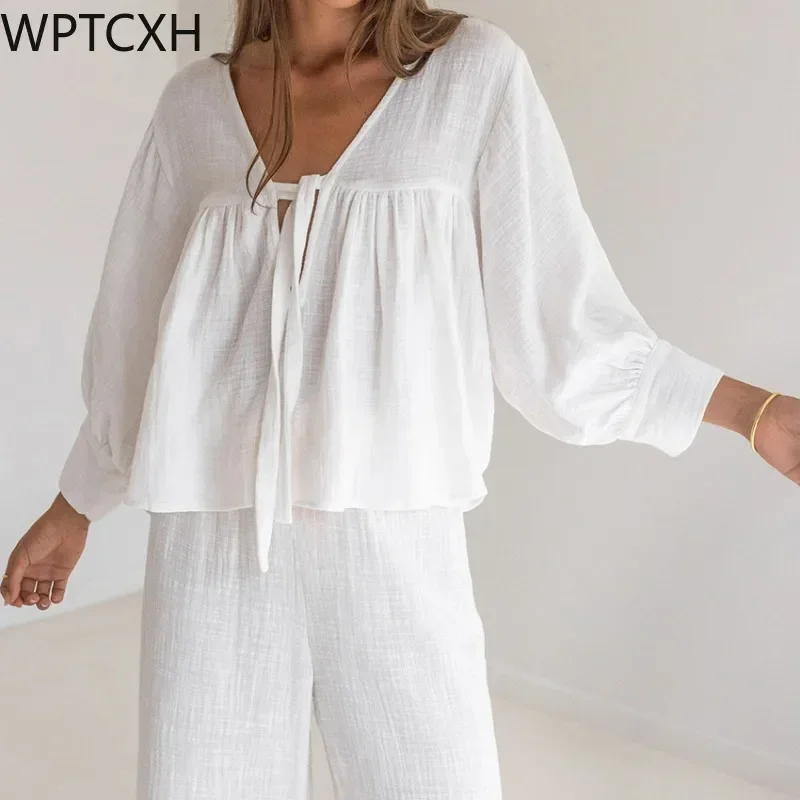 

Spring Autumn Women Long Sleeved Pajamas V Neck Double Layer Cotton Cloth Loungewear European Style Trousers Loose Set Home Wear