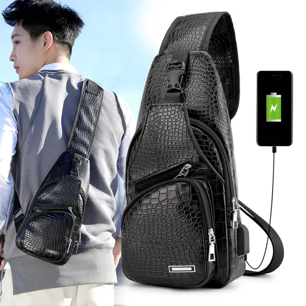 

PU Leather Men's Sling Bag with USB Charging Port Adjustable Strap Crossbody Bag Large Capacity Anti-theft Chest Bag