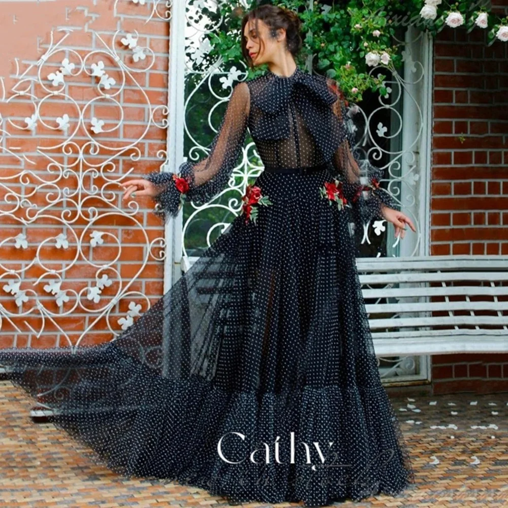 

Cathy Black Wave Point A-line Wedding Dress Elegant Puff Sleeves Tulle Custom Dresses Crew-neckone Empire Waist vestido feminino