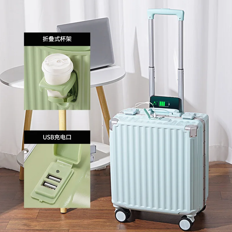 PLUENLI Luggage Women's Small Trolley Case Cup Holder Aluminum Frame Password Men's Suitcase Strong Rechargeable Boarding Bag