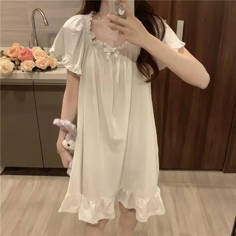 White Nightgowns Women Sweet Kawaii Girls Nightdress Princess Ruffles Square Collar Short Sleeve Summer Lounge Wear Sleepwear - 6