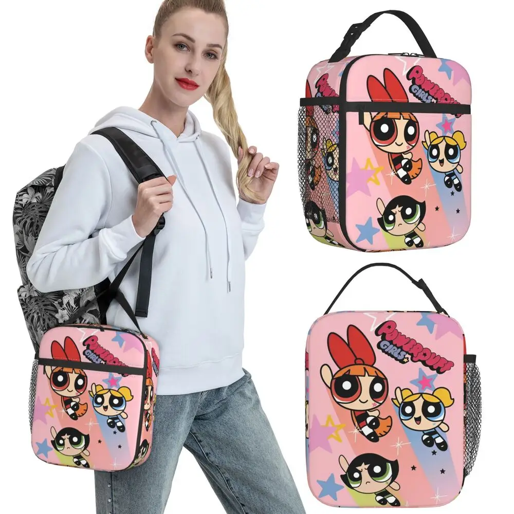 P-PowerPuffs Lunchtasche, niedliche Reise-Lunchbox für Kinder, modischer Druck, Thermo-Lunch-Taschen, Oxford, tragbar, isolierte Kühltasche – Detail 1