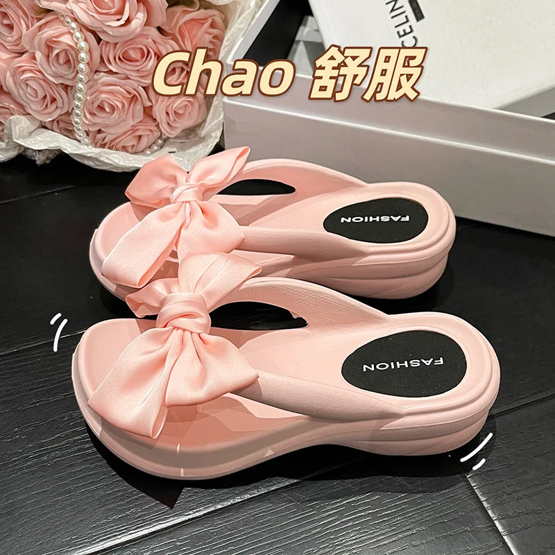 Pink Big Bowknot Wedge Flip Flops for Women Summer 2023 Platform Slippers Thick Sole Non Slip Beach Slide Sandalias De Mujer