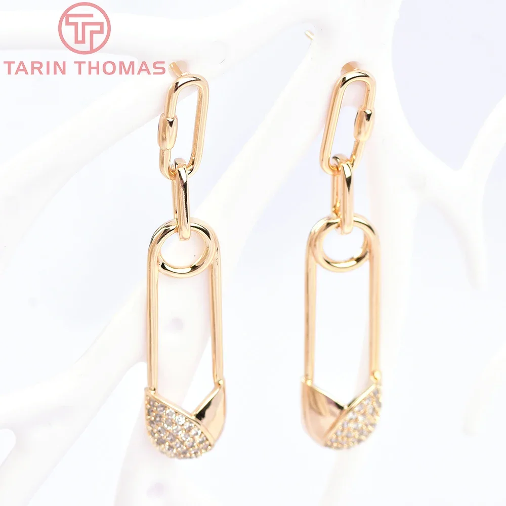 

(6044)2PCS 9.5x47MM 24K Gold Color Brass with Zircon Brooch Shape Stud Earrings High Quality Jewelry Making Findings Accessories
