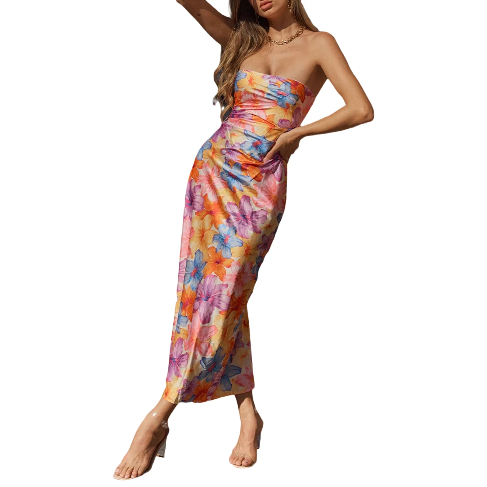 

Women s Elegant V-Neck Tie-dye Printed Pleated Strapeless Dress Sleeveless Backless Long Dresses Summer Play Club Lady Vestido