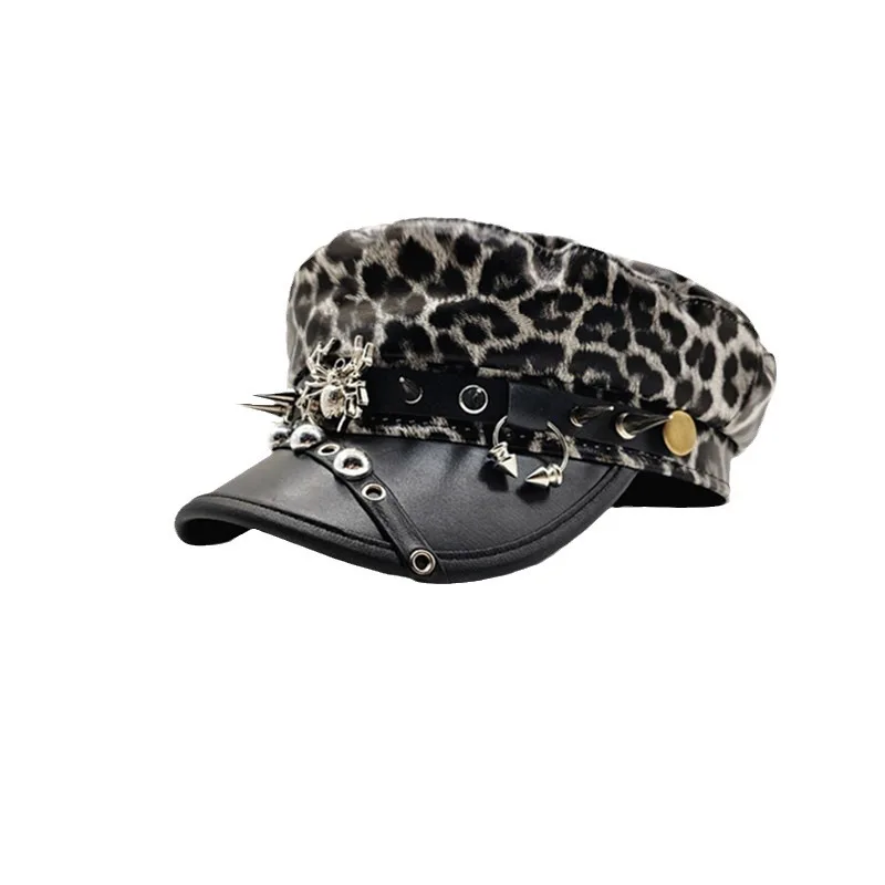 Korean Version New Original Spicy Girl Leopard Print Rivet Leather Buckle Flat Top Hat Subculture Leather Newsboy Hat