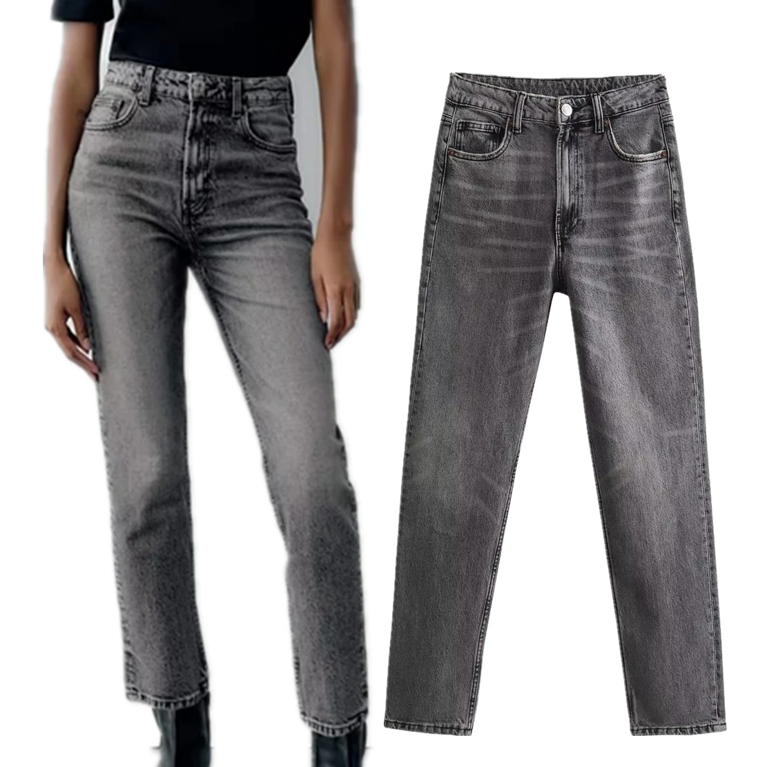 Dave&Di Vintage Mommy Jeans High Street  Old Straight Leg Washed Jeans Women Casual Denim Pants