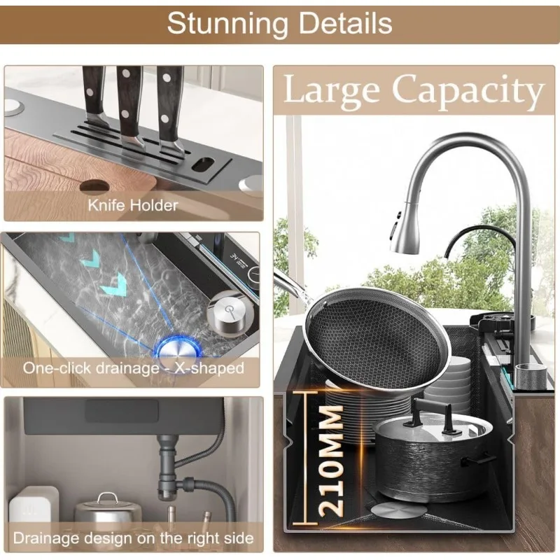 Black Kitchen Sink Twin Waterfall Kitchen Sink 31.5" Stainless Steel Single Bowl Sink with Faucet, Modern Honeycomb Nano 5