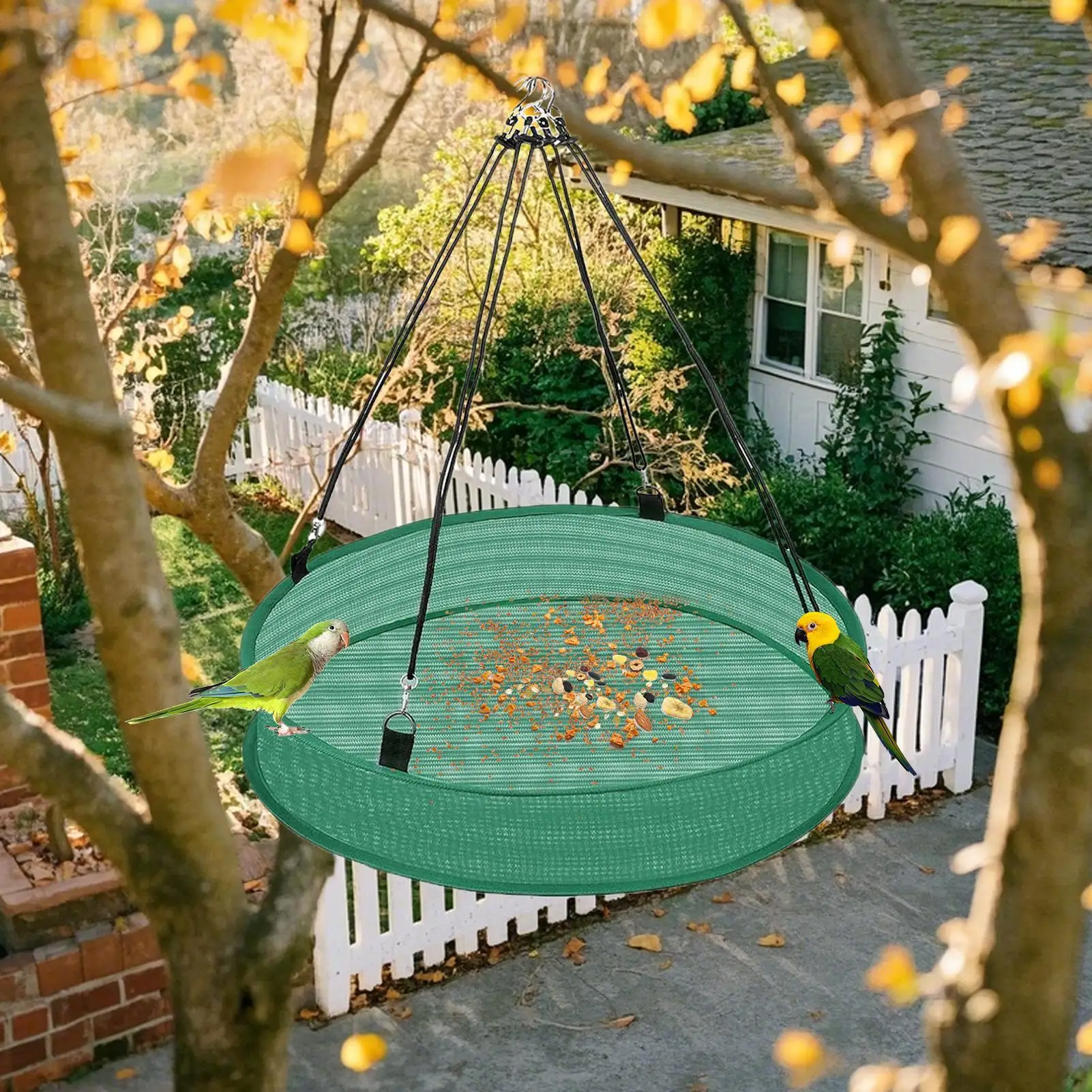 Bird Feeding Net Hanging Bird Feeder Outdoor Finch Bird Food Catcher Tray Spill Proof Parrot Food Container For Backyard Garden