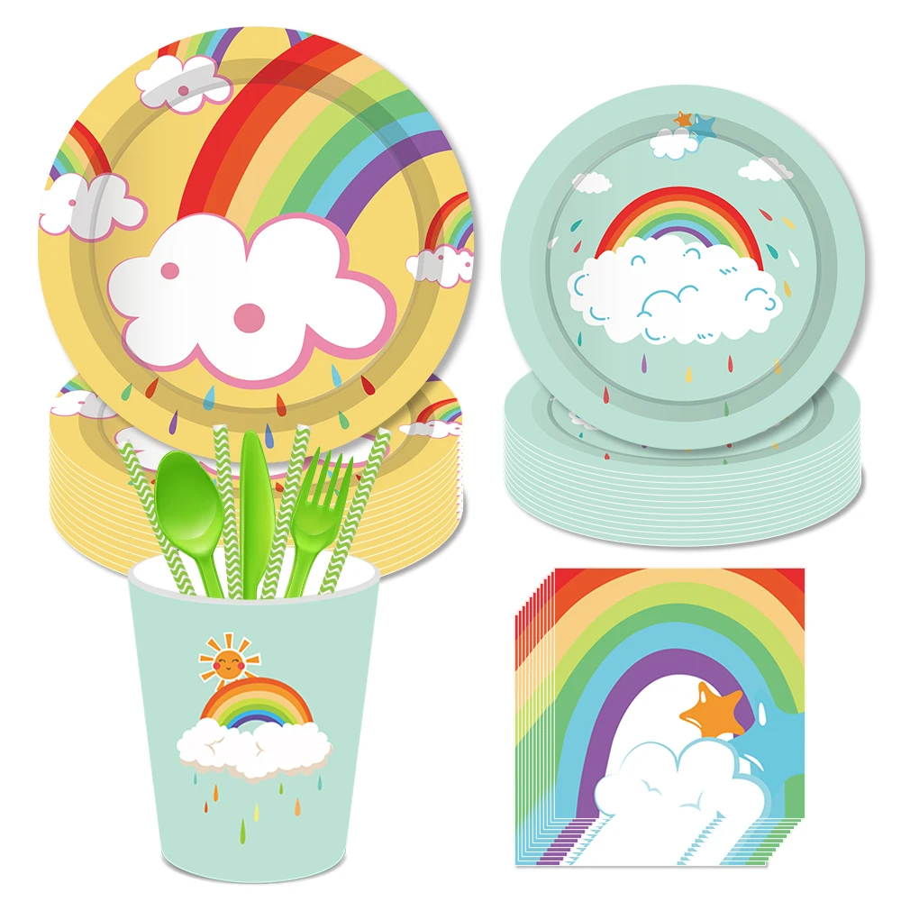 

Cartoon Colorful Rainbow Disposable Tableware Sets Sun Rain Theme Birthday Plates Cups Napkin Baby Shower Party Dinnerware Decor