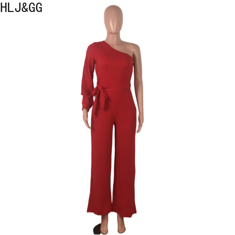 HLJ&GG Casual One Shoudler Bandage Jumpsuits Women Sleeveless Wide Leg Pants Overall Autumn Female One Piece Sporty Playsuits
