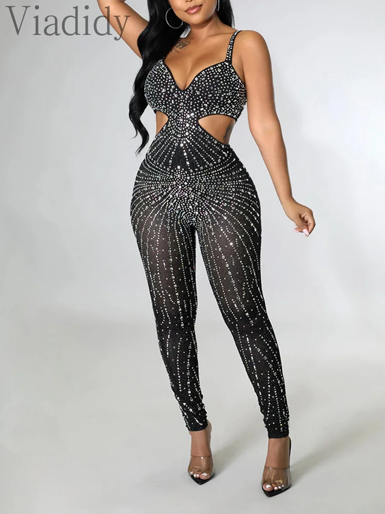 

Women Sexy Solid Color Cut-out Zipper Back Rhinestone Decor Skinny Sheer Mesh Jumpsuit