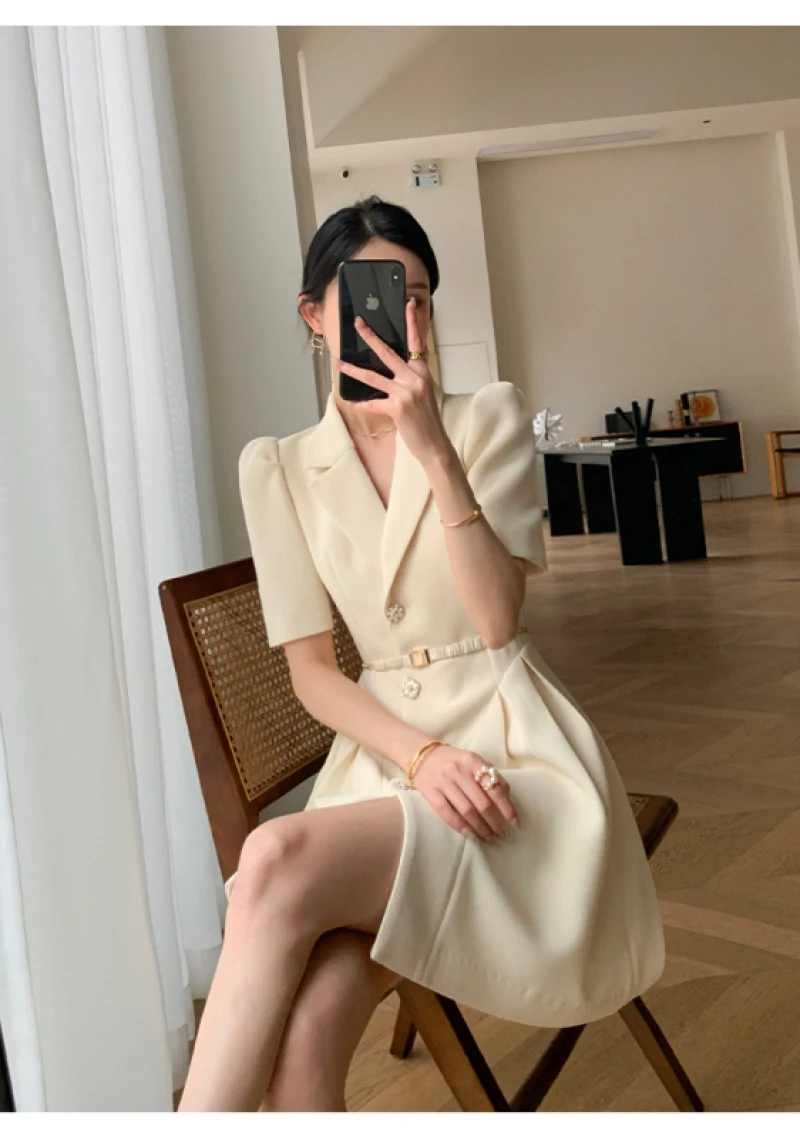 여성용 우아한 노치 칼라 정장 짧은 드레스, 반팔 슬림 웨이스트 벨트, 싱글 브레스트 여성 드레스, 2023 여름 신상 
