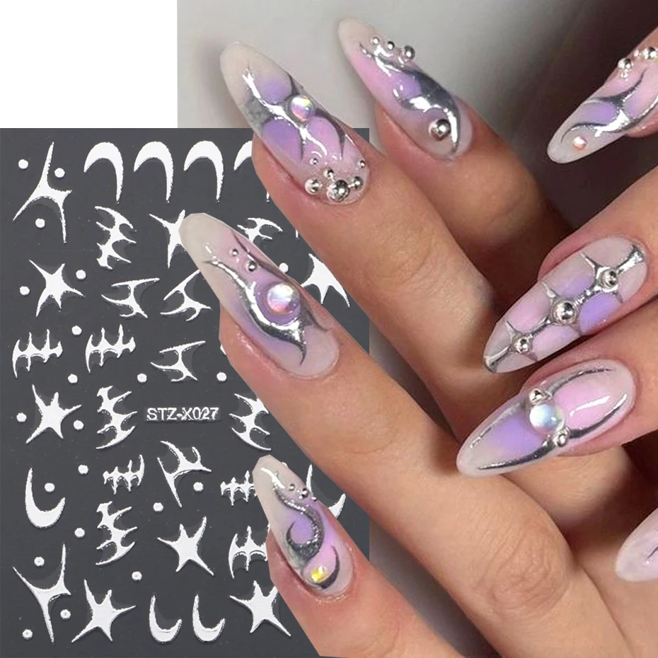 3D Metal Silver Flame Nail Stickers Bronzing Chrome Stripe Line Sliders Design Manicure French Nail Art Decoration Y2K Decals 3
