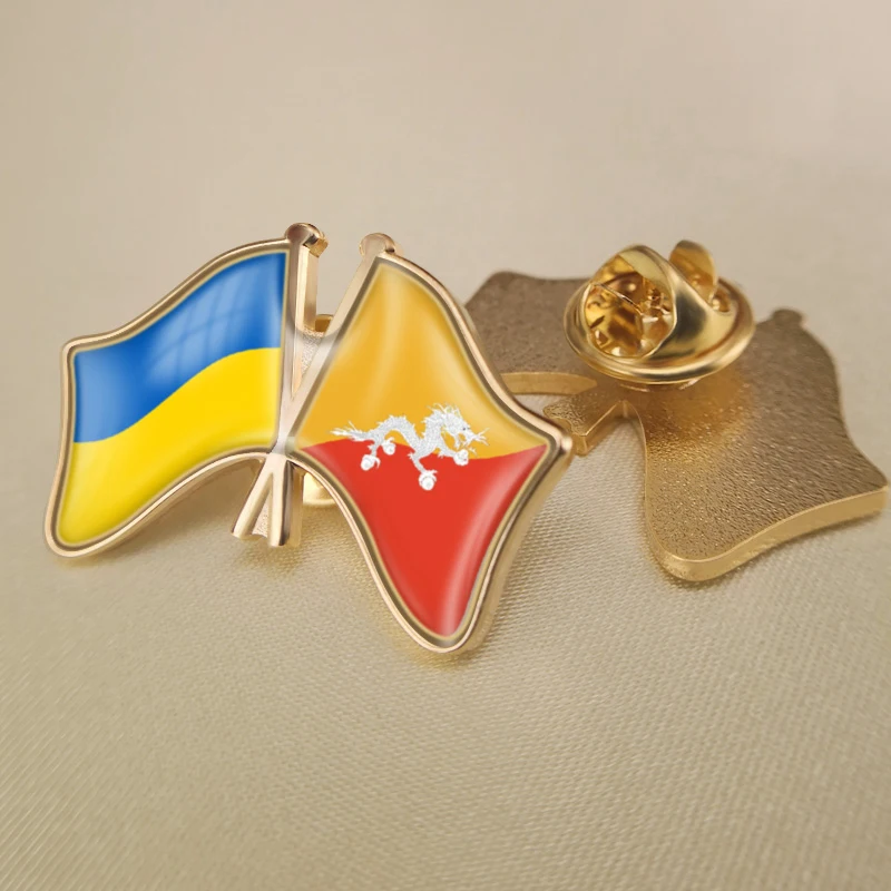 

Ukraine and Bhutan Crossed Double Friendship Flags Lapel Pins Brooch Badges