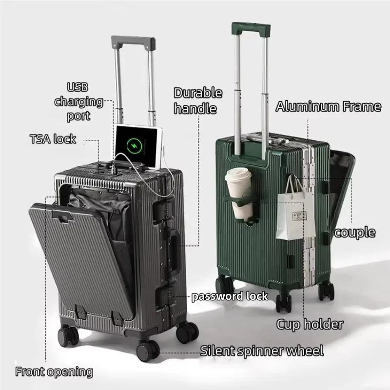 Suitcase Front Opening Pocket Aluminum Alloy Frame Rolling Luggage USB Charging Plug Trolley Carry-on Case Bag Wheel