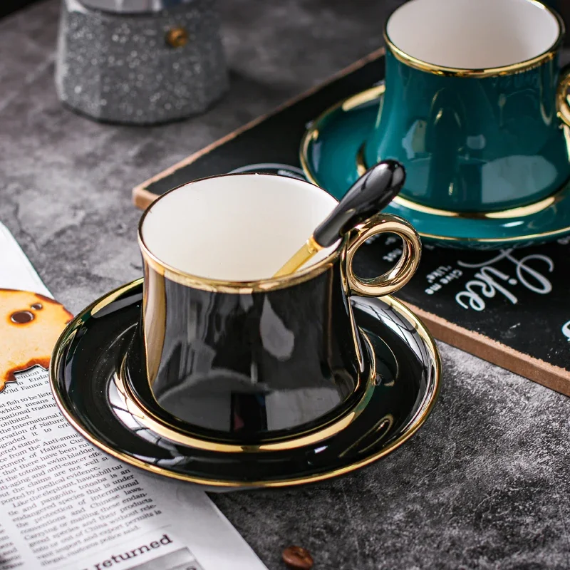 220ML European Simple Phnom Penh Ceramic Coffee Cup And Dish Set Luxury Black Afternoon Flower Tea Dim Sum Coffee Cup Gift Set