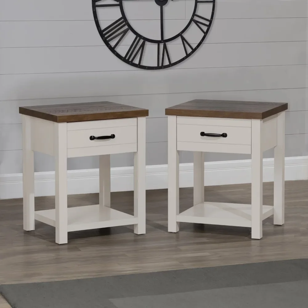 

Side Table, Lancaster Farmhouse Oak Top 1 Drawer Nightstand, Set of 2, Ivory Nightstand
