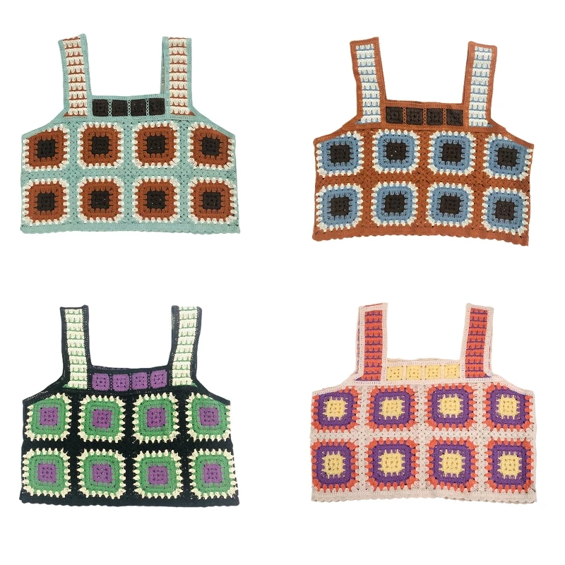 

Women Boho Sleeveless Crop for Tank Top Vintage Crochet Knitted Contrast Color Square Plaid Mini Sweater Vest Beach Holiday N7YF