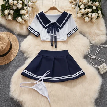 Preppy Sailor Suit Contrast Lace-up Bow Stripe Crop Top Pleat Mini Skirt Sexy Erotic Lingerie Set Women Cosplay Student Youthful 1