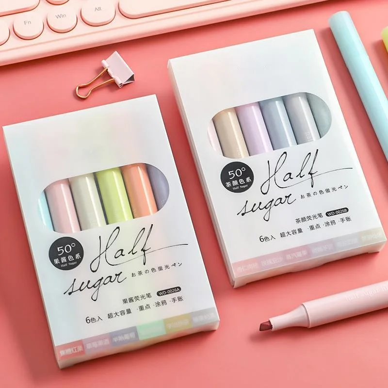 6pcs Kawaii Half Sugar Highlighter Pen Colorful Cute Marker Pastel Highlighter Cool Pens Student School Supplies Stationery Set